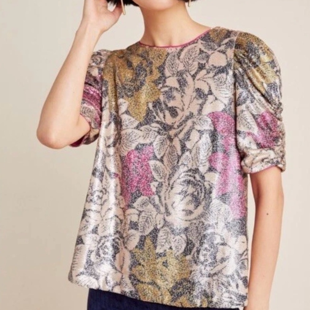 Anthropologie Marie Sequined Floral Blouse in Grey Motif Metallic Maximalist